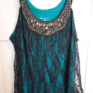*Lane Bryant - Women's Teal, Sequin & Lace Tank Top*